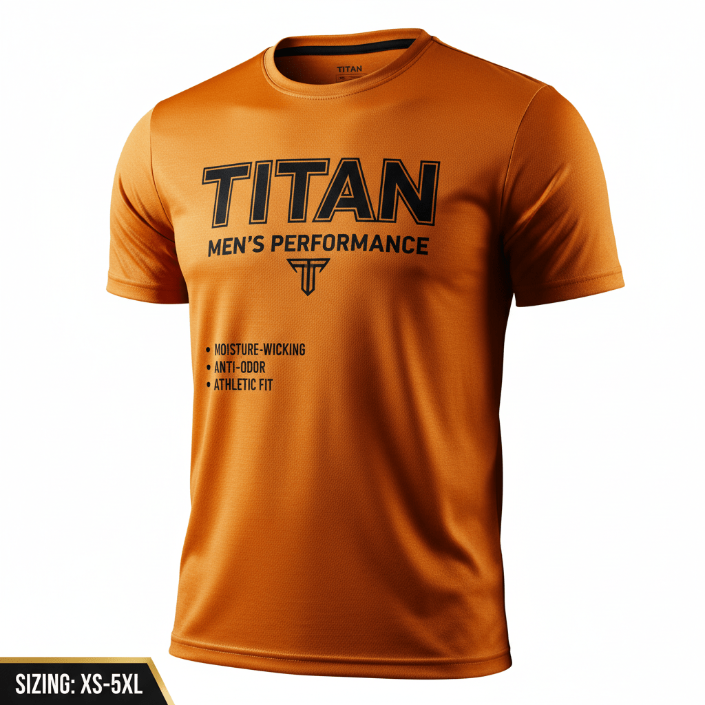 Orange TITAN men's performance T-shirt with black logo and text listing moisture-wicking and anti-odor features.