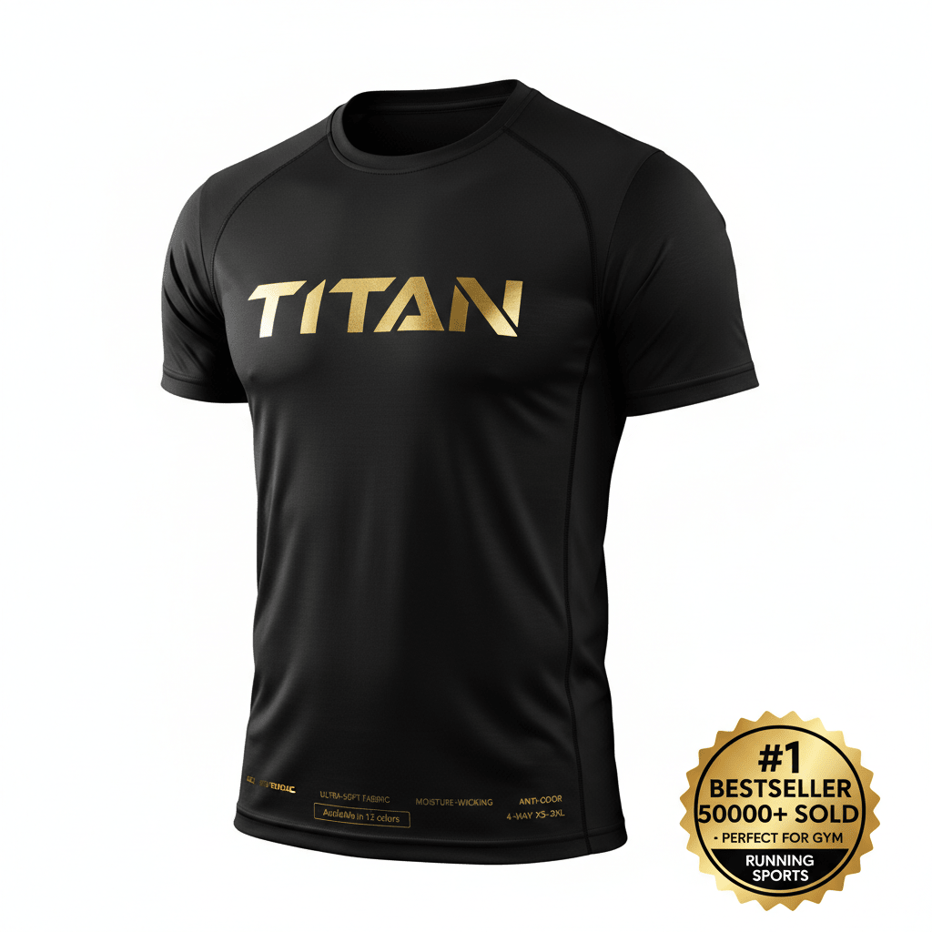 Black short-sleeve performance t-shirt with gold TITAN logo on chest and gold text details on lower hem.