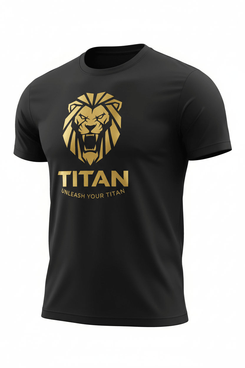 Black short-sleeve crewneck tee featuring a metallic gold geometric lion head logo, "TITAN," and "UNLEASH YOUR TITAN."