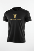 Black athletic performance crew-neck t-shirt with gold TITAN SPORT GLOBAL logo on chest and textured side panels.