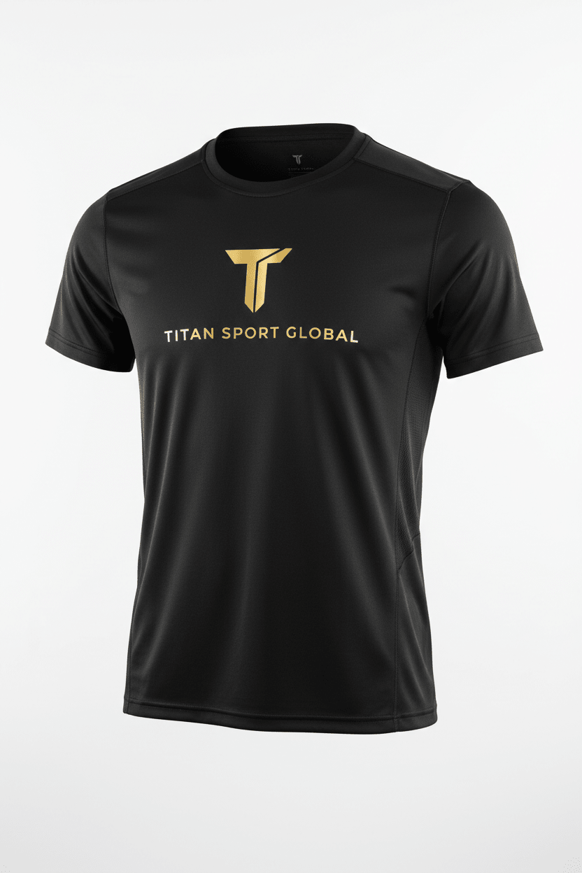 Black athletic performance crew-neck t-shirt with gold TITAN SPORT GLOBAL logo on chest and textured side panels.