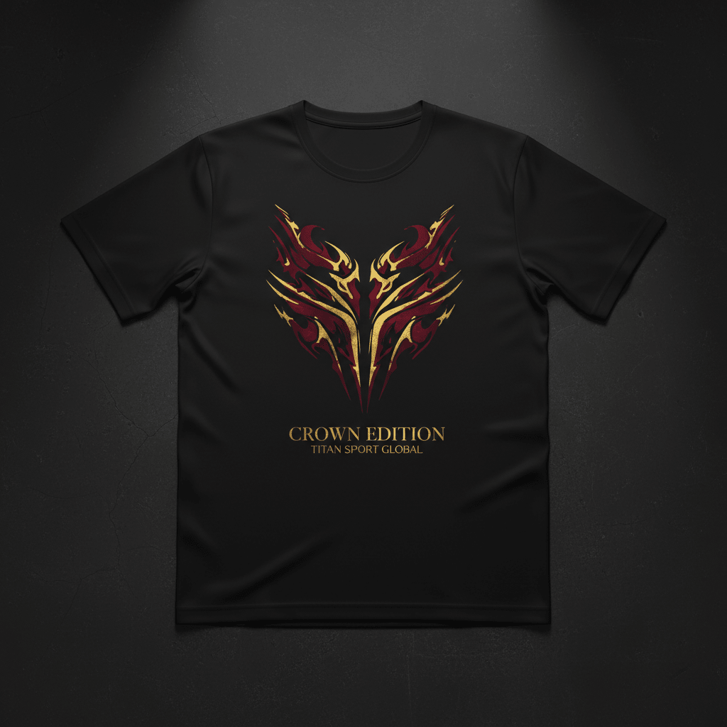 Black moisture-wicking T-shirt with gold and burgundy tribal graphic, featuring "CROWN EDITION" text on the chest.