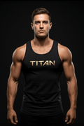 Muscular man wearing a black TITAN performance tank top with metallic gold chest logo against a dark background.