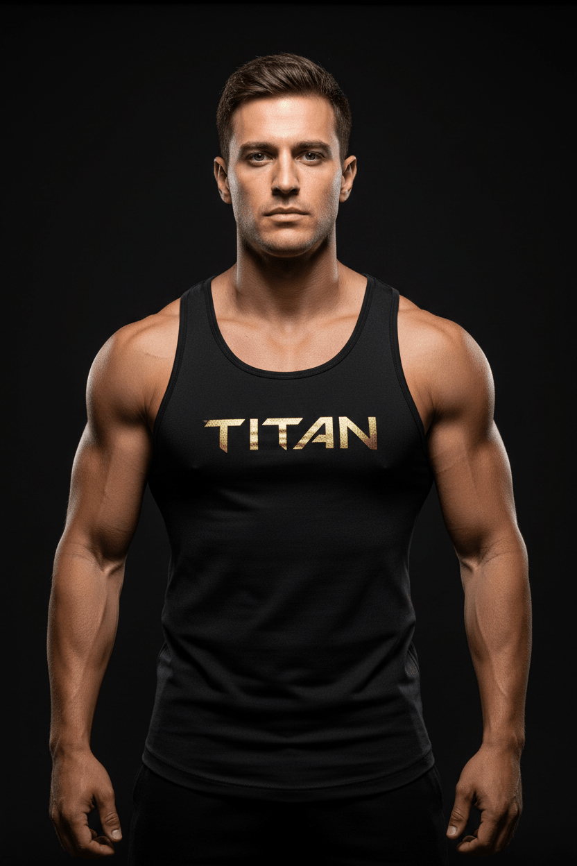 Muscular man wearing a black TITAN performance tank top with metallic gold chest logo against a dark background.