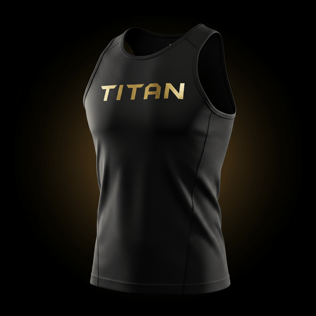Black TITAN performance tank top with metallic gold lettering, featuring textured athletic fabric and side panels.