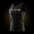 Black TITAN performance tank top with metallic gold lettering, featuring textured athletic fabric and side panels.