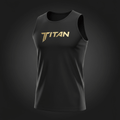 Black men's athletic tank top with a gold metallic TITAN logo printed on the chest, against a dark grey background.