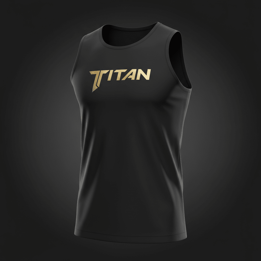 Black men's athletic tank top with a gold metallic TITAN logo printed on the chest, against a dark grey background.