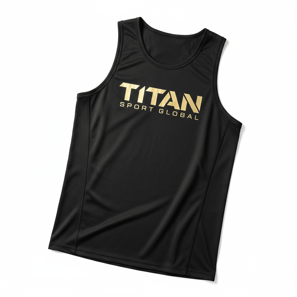 Black performance tank top featuring a metallic gold "TITAN SPORT GLOBAL" logo on the chest.