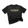 Black athletic performance t-shirt with metallic gold "TITAN CHAMPION EDITION" chest logo and mesh side panels.