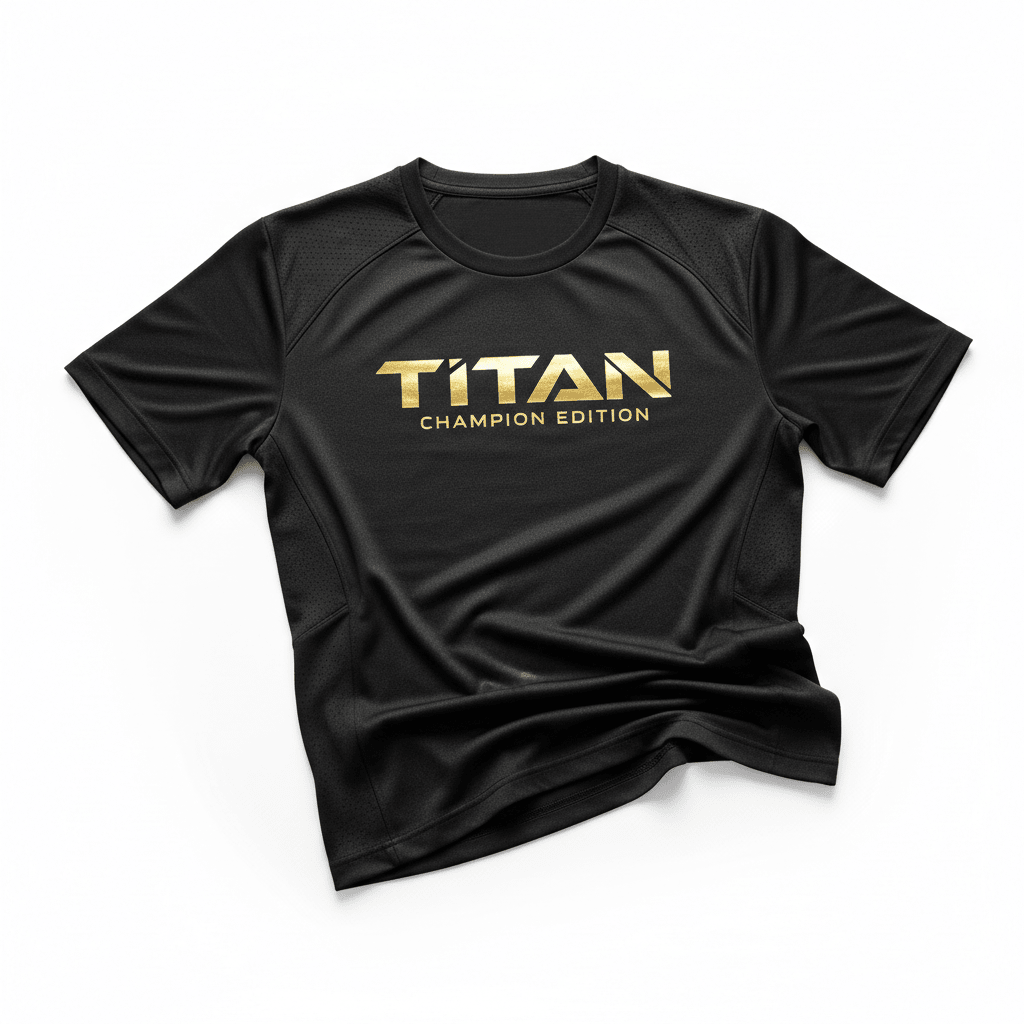 Black athletic performance t-shirt with metallic gold "TITAN CHAMPION EDITION" chest logo and mesh side panels.