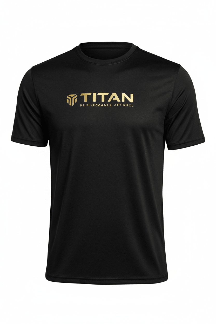 Men's black crew neck performance tee with gold TITAN logo and text graphic on the chest.