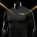 Black short-sleeve moisture-wicking performance shirt on a mannequin, featuring a gold TITAN logo on the chest.