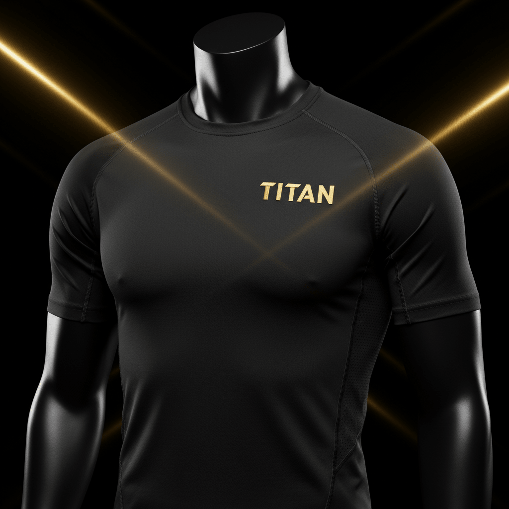 Black short-sleeve moisture-wicking performance shirt on a mannequin, featuring a gold TITAN logo on the chest.