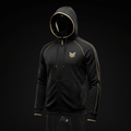 Black performance hoodie with gold trim, gold TITAN logo, zippered front, and drawstring hood on a black background.