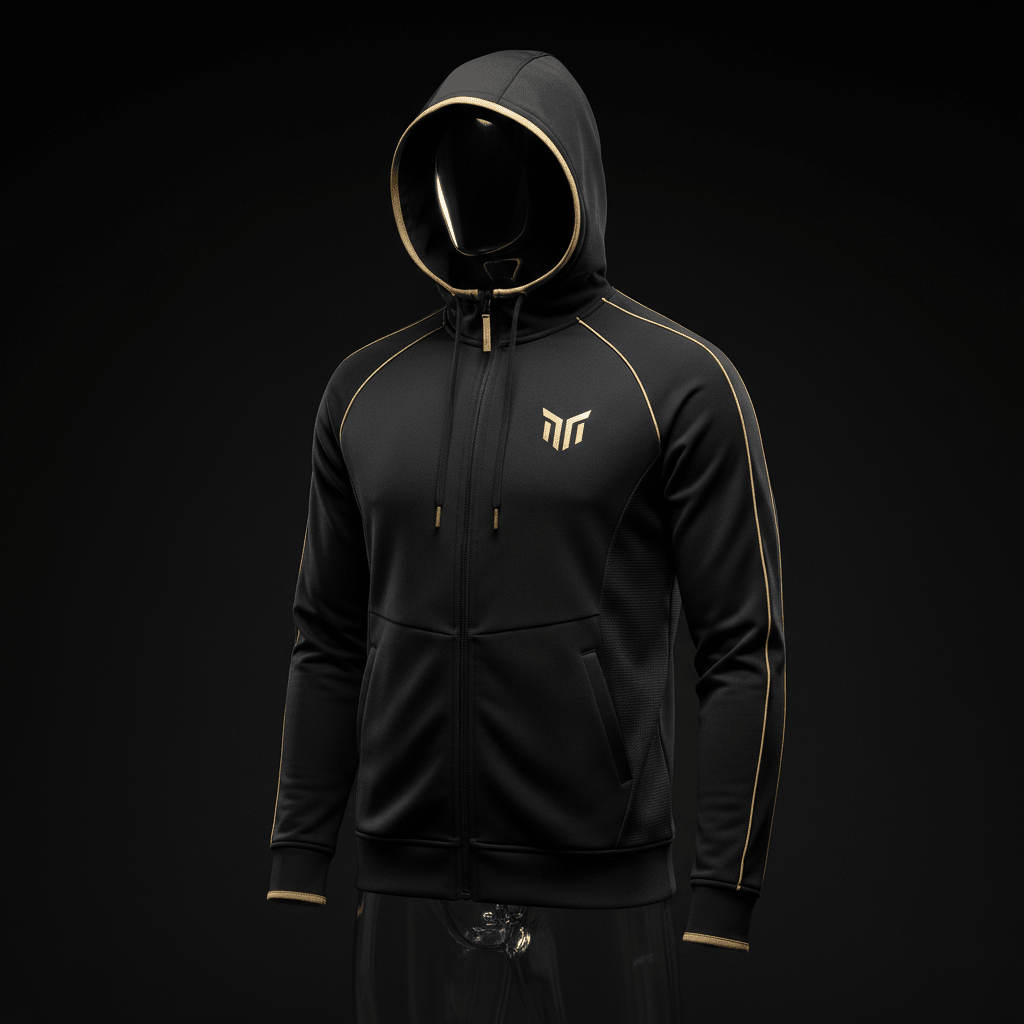 Black performance hoodie with gold trim, gold TITAN logo, zippered front, and drawstring hood on a black background.