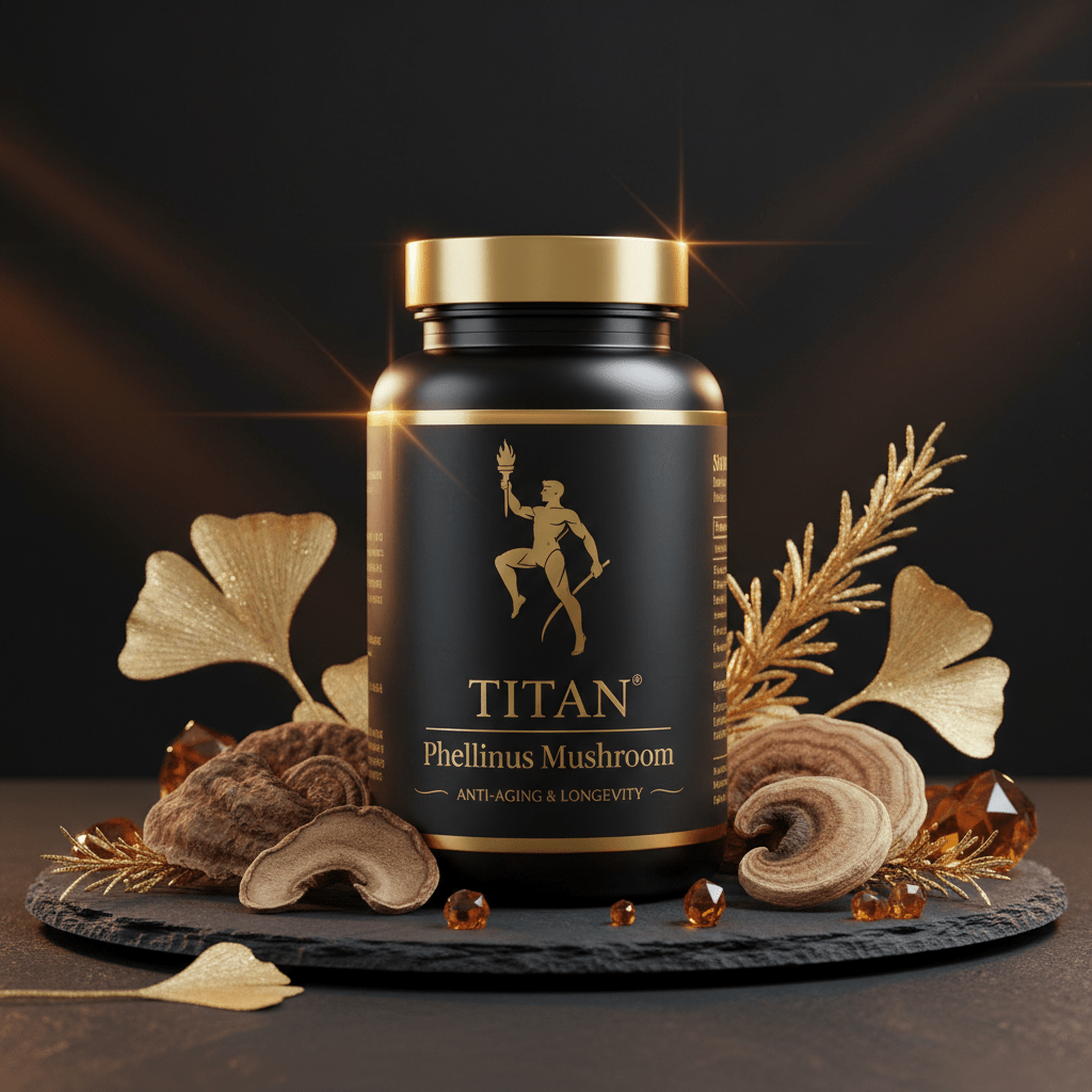 Black TITAN Phellinus Mushroom bottle with gold cap, logo, and text, surrounded by mushrooms, gold leaves, and gems.