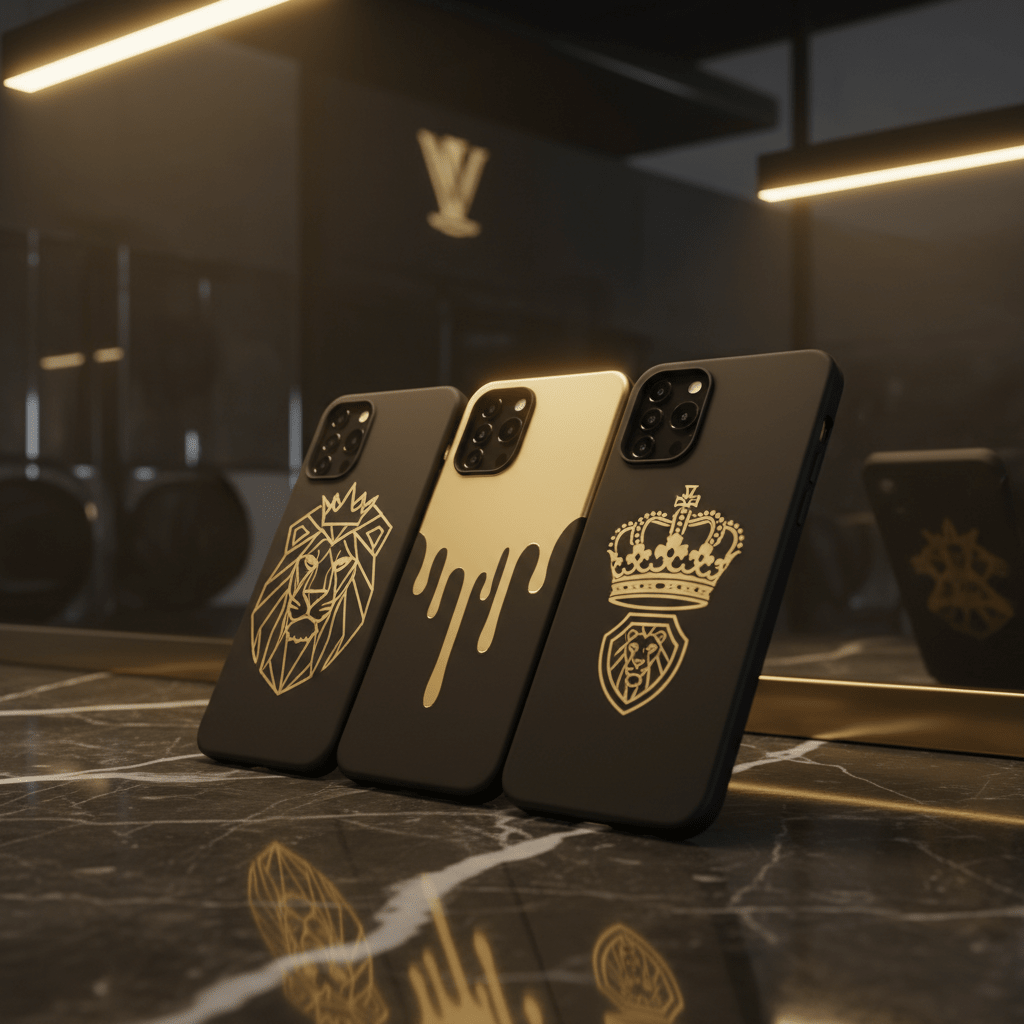 Three premium matte black Titan phone cases with gold lion, crown, and drip designs on a black marble surface.