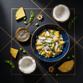 Blue bowl of pineapple, coconut, and edamame on black background with gold geometric lines, fruit slices, and chia.