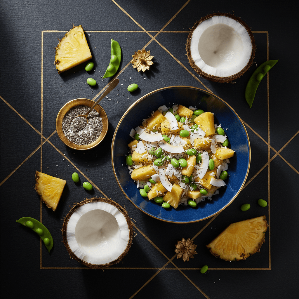 Blue bowl of pineapple, coconut, and edamame on black background with gold geometric lines, fruit slices, and chia.