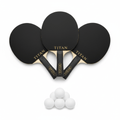 Three black Titan table tennis paddles with wooden handles and gold branding, plus a pyramid of six white ping pong balls.