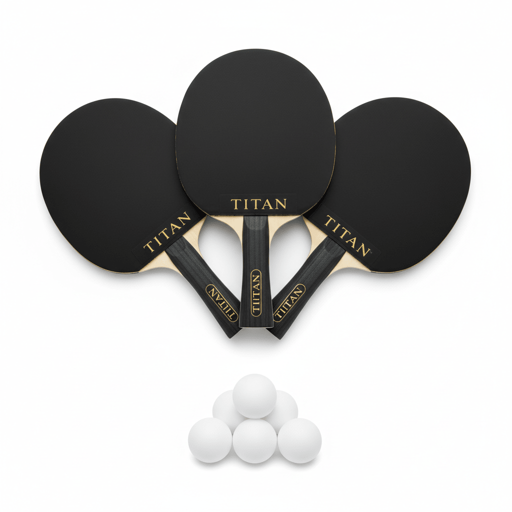 Three black Titan table tennis paddles with wooden handles and gold branding, plus a pyramid of six white ping pong balls.