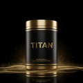 Black and gold tub of TITAN Organic Vanilla plant protein, set against a black background with golden particles.