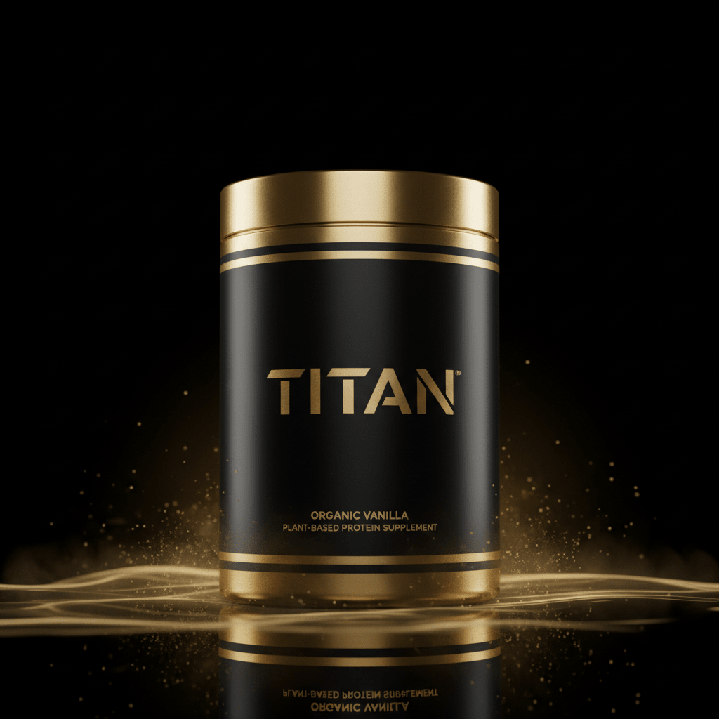 Black and gold tub of TITAN Organic Vanilla plant protein, set against a black background with golden particles.