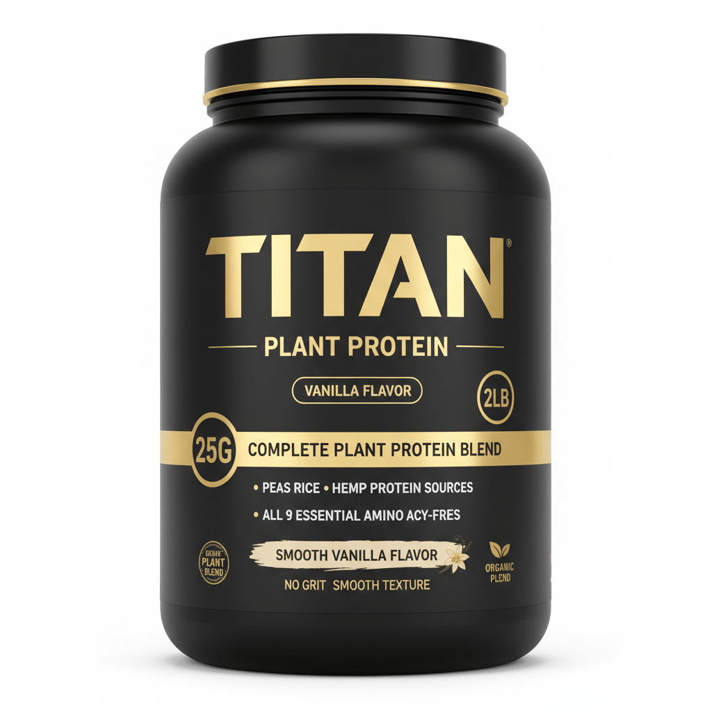 Black 2lb tub of TITAN Plant Protein, Vanilla flavor, with bold gold lettering and a smooth, minimalist design.
