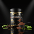 TITAN Vegan Chocolate plant protein tub in black with gold text, scoop of cocoa powder, chocolate, and green peas.