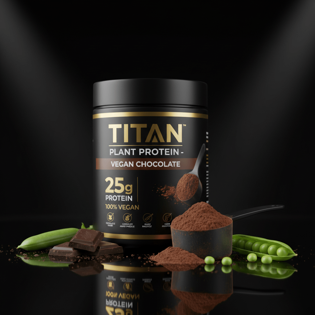TITAN Vegan Chocolate plant protein tub in black with gold text, scoop of cocoa powder, chocolate, and green peas.