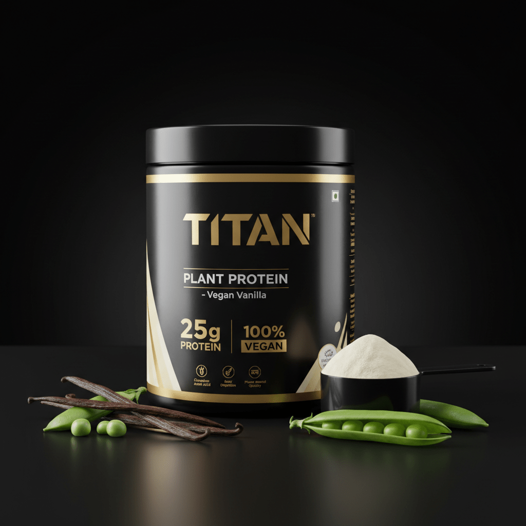 Black tub of Titan Vegan Vanilla plant protein with gold text, scoop of powder, vanilla beans, and peas on black base.