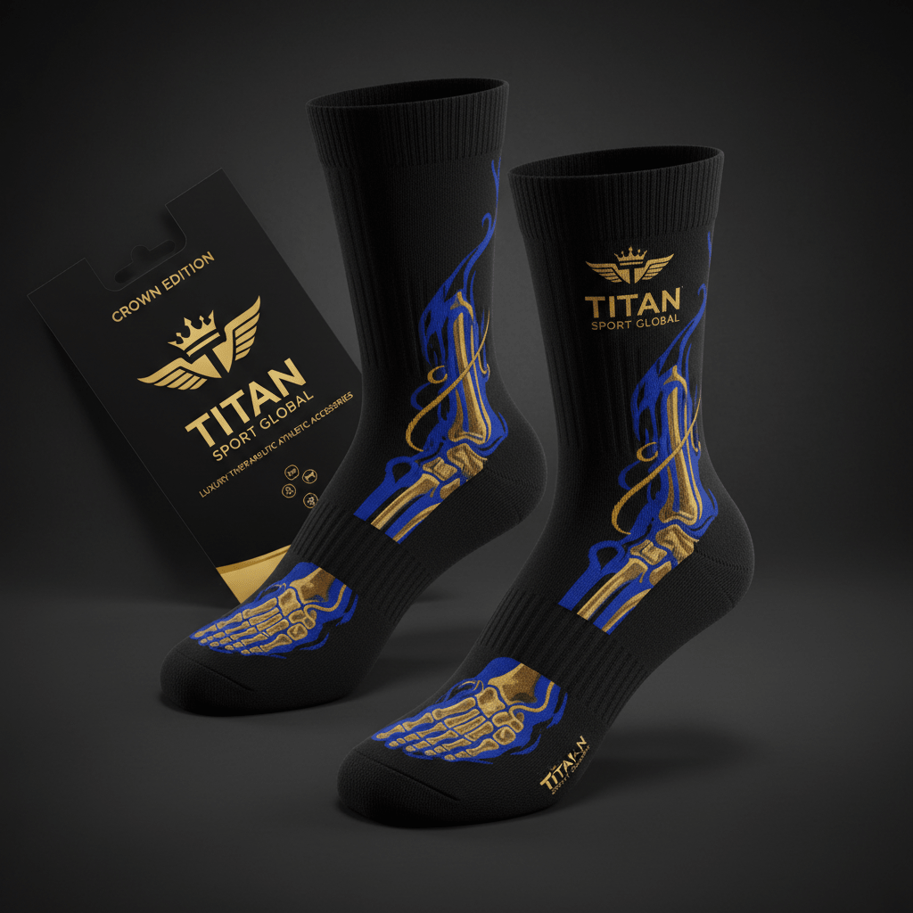 Black TITAN compression socks with gold and blue skeleton foot anatomical design and branded packaging.