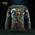 Black crewneck featuring a mermaid with a trident, ocean waves, and coral reef, with gold "CROWN EDITION" trim.