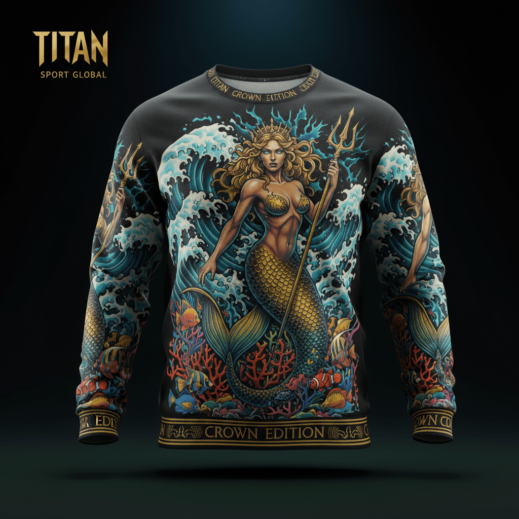 Black crewneck featuring a mermaid with a trident, ocean waves, and coral reef, with gold "CROWN EDITION" trim.