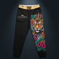 Black joggers with a gold waistband, "Crown Edition" logo, and a tiger wearing a jeweled crown amidst tropical flowers.
