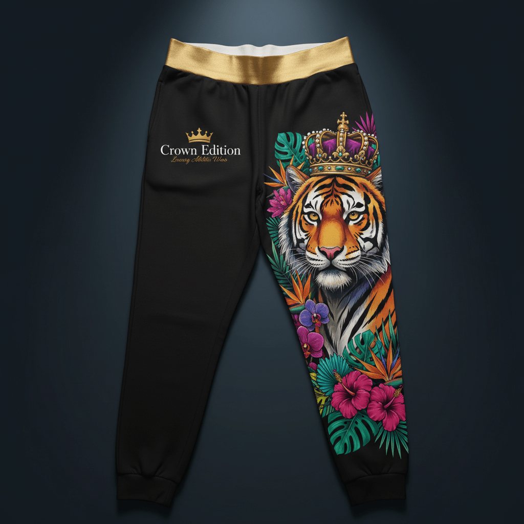 Black joggers with a gold waistband, "Crown Edition" logo, and a tiger wearing a jeweled crown amidst tropical flowers.