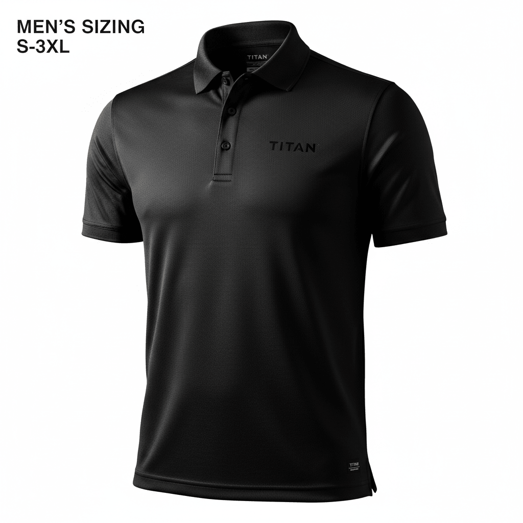 Men's black short-sleeve polo shirt with three-button placket and TITAN logo on the chest. Textured athletic fabric.