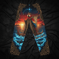 Black lounge pants featuring a crowned macaw navigating a Polynesian outrigger at sunset, framed in ornate gold.