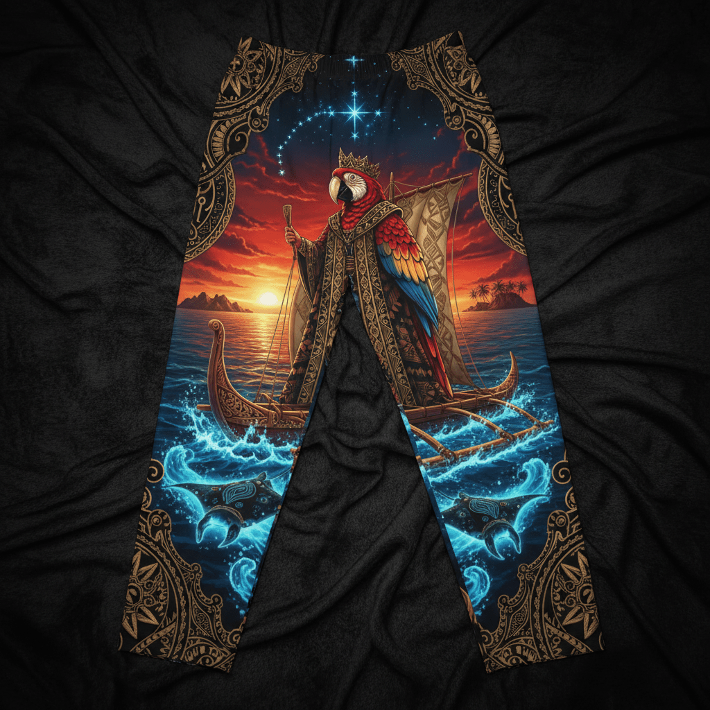 Black lounge pants featuring a crowned macaw navigating a Polynesian outrigger at sunset, framed in ornate gold.