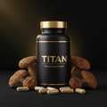 TITAN Porcini Mushroom supplement bottle in matte black with gold lid, centered among porcini mushrooms and capsules.