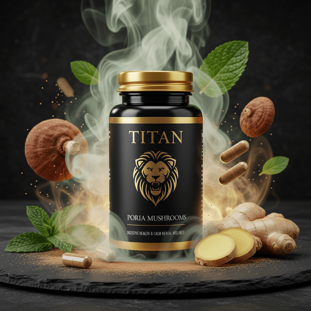 Titan Poria Mushroom supplement bottle with gold lion logo, steam, ginger root, mint leaves, and capsules.
