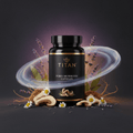 Black Titan Poria Mushroom bottle with gold text, surrounded by lavender, chamomile, and mushroom slices in a swirl.