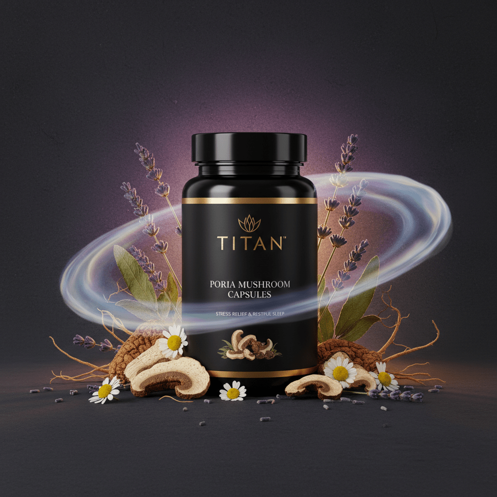 Black Titan Poria Mushroom bottle with gold text, surrounded by lavender, chamomile, and mushroom slices in a swirl.