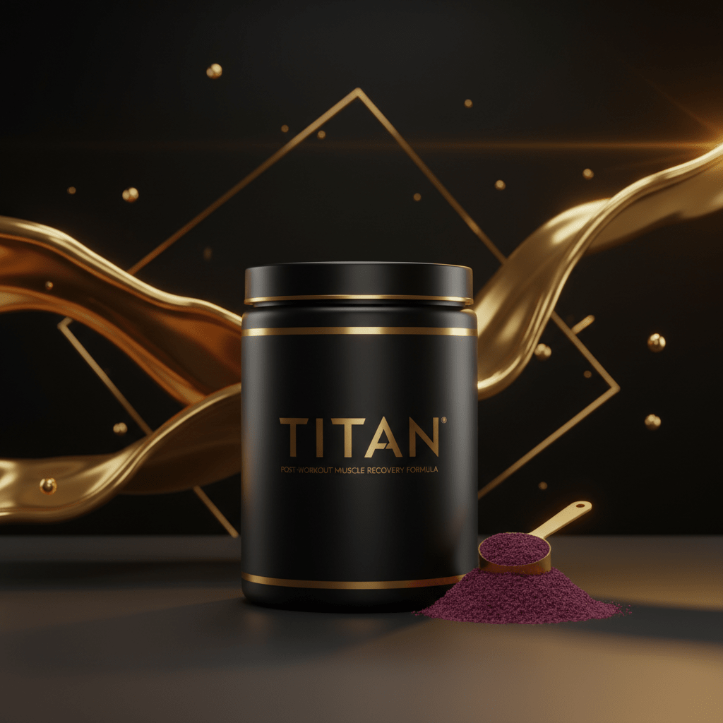 Black Titan Post-Workout tub with gold accents, gold liquid ribbons, and a scoop of purple powder on a black surface.