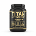 Black tub of TITAN Post-Workout with gold text, branding, vanilla graphic, and 30-serving nutritional breakdown.
