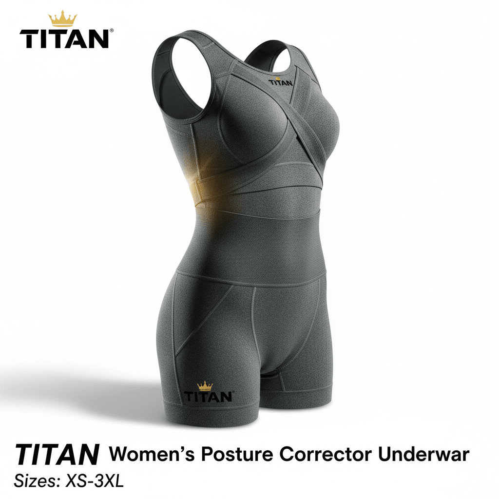 TITAN gray women's posture corrector bodysuit with crisscross chest support, wide waistband, and branded short legs.