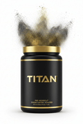 Matte black TITAN pre-workout tub with gold accents and lid, featuring an explosive cloud of dark and gold powder.