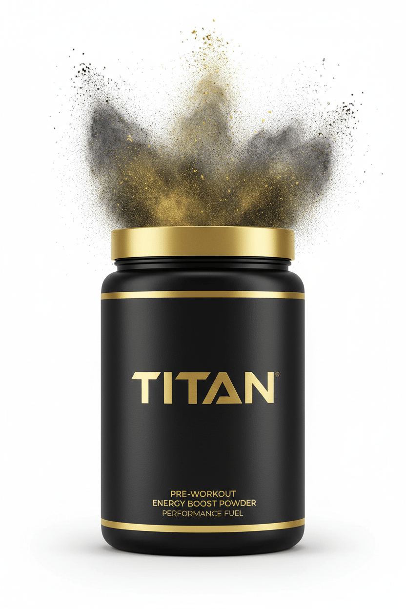 Matte black TITAN pre-workout tub with gold accents and lid, featuring an explosive cloud of dark and gold powder.