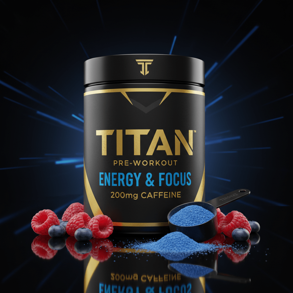 TITAN Pre-Workout tub with black and gold label, blue powder, raspberries, and blueberries on a reflective surface.